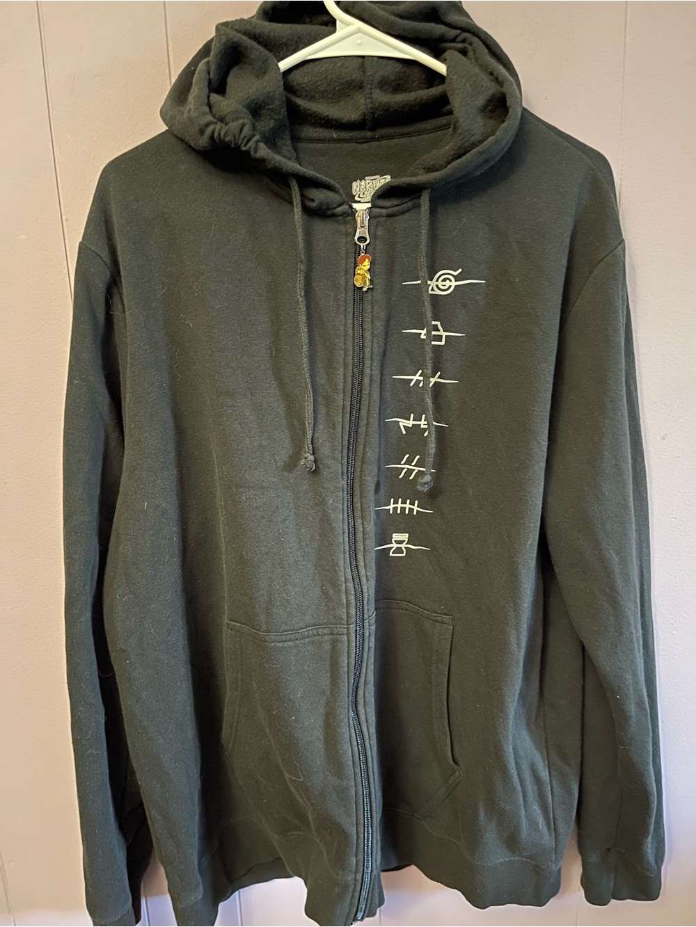 Men's Black Zip Hoodie Jacket with Vertical White Graphic